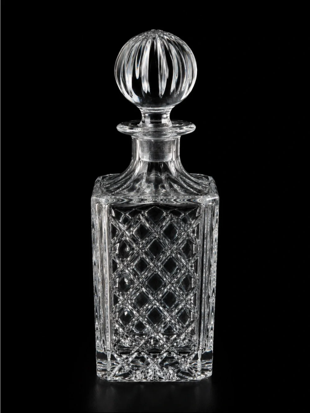 Vintage BLOCK Crystal Decanter Cut Glass Diamond Pattern ~Ball Stopper ~10”